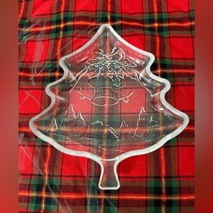 Vintage Clear Glass Christmas Tree Shaped Plate Platter Bells House Trees Dish
